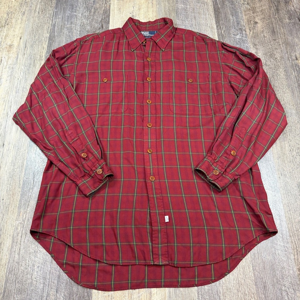 READ Vintage Polo Ralph Lauren Button Down Shirt Mens Large Burgundy Plaid Rayon